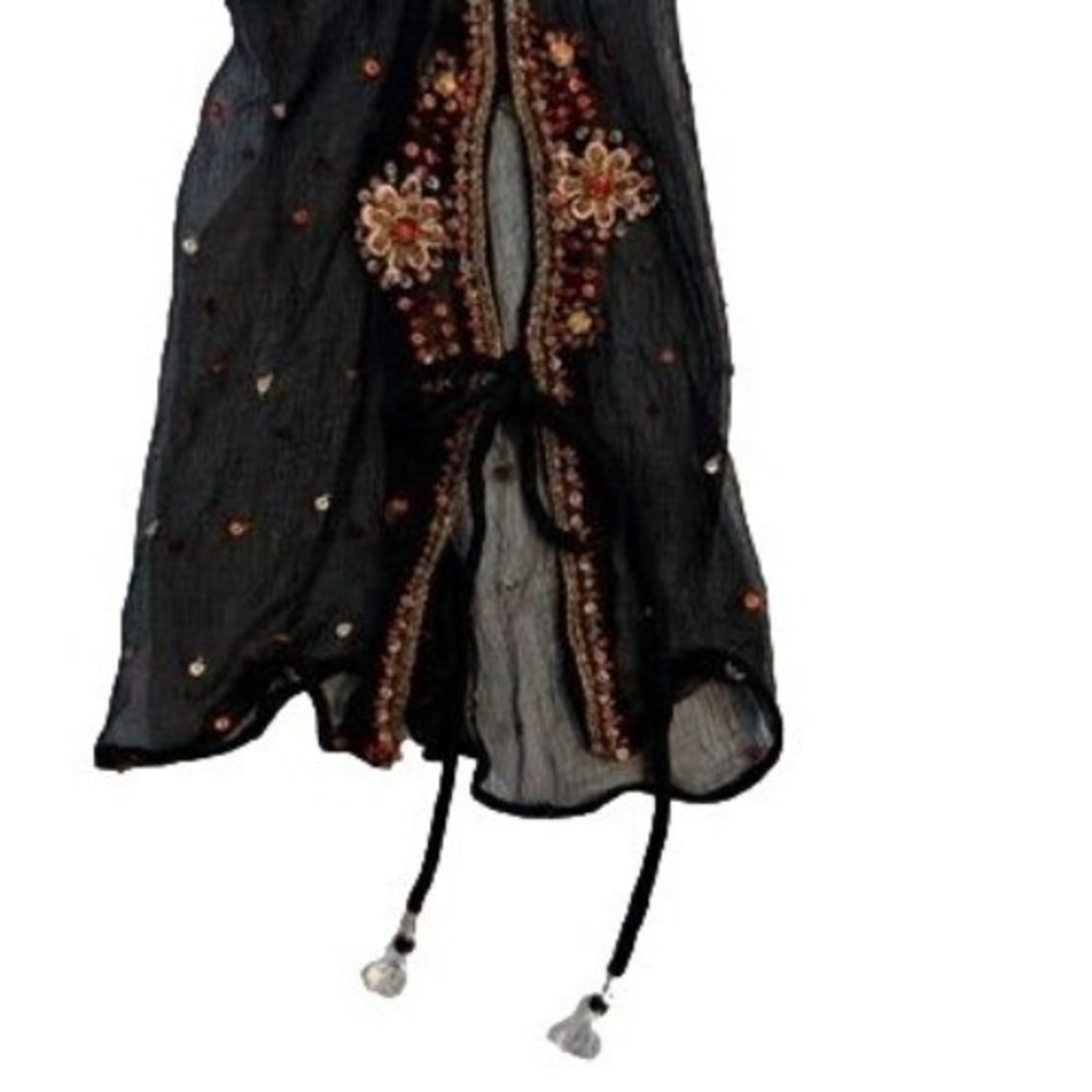 Vtg Beaded Sequined Sheer‎ Tunic Top XL Black Split Tie Sleeves Dark Whimsygoth - Picture 5 of 15